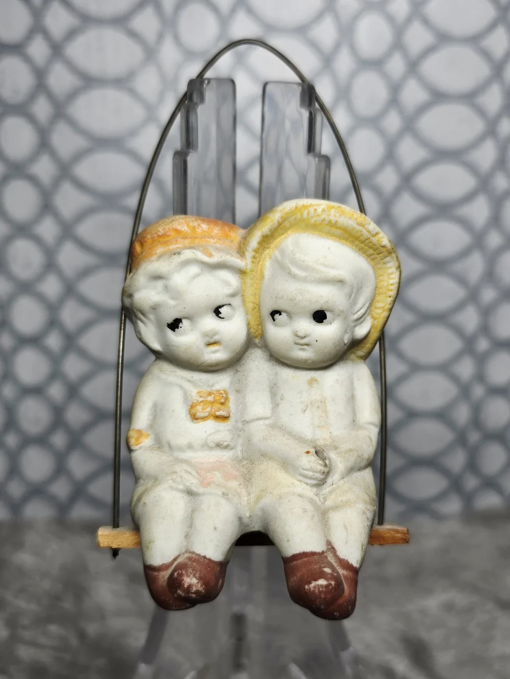 Coming Soon Vintage Bisque Porcelain Boy & Girl on Wire Swing Figurine 4